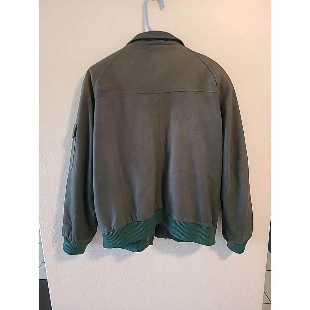 VTG Donna Pelle Men Large Green Genuine Leather Bomber Jacket Pockets Zipper